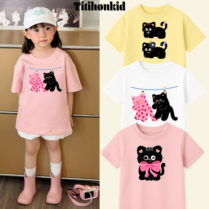 [A30] TITIHON - Áo Phông Bé Gái In Mèo Dễ Thương Cộc Tay Chất Cotton Mền Mịn | Form Rộng Thoải Mái