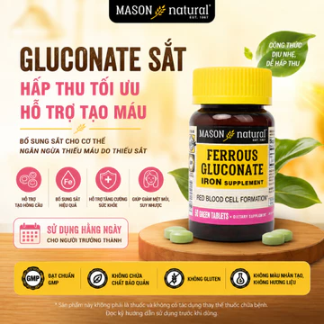 Viên Uống Bổ Sung Sắt Hữu Cơ Mason Natural Ferrous Gluconate (Hộp 50 / 100 Viên) - Hỗ Trợ Bổ Máu, Không Nóng, Táo Bón