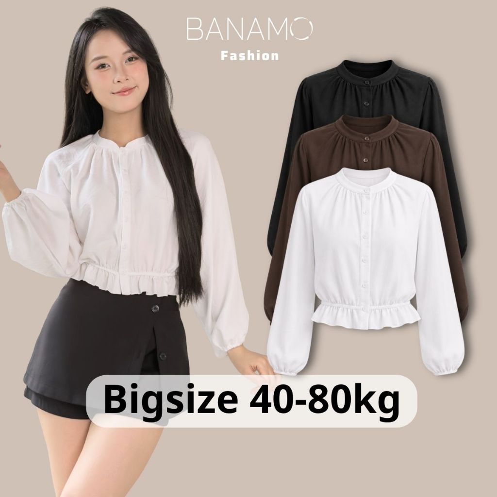 Áo sơ mi nữ BIGSIZE Banamo Fashion áo cổ tàu cài cúc dài tay vạt áo bo chun eo phối bèo phong cách Hàn Quốc 321