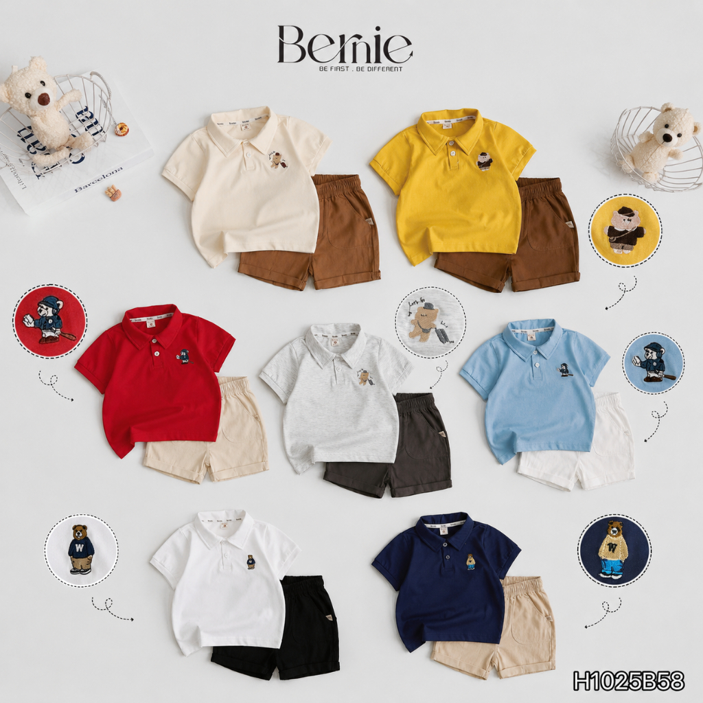 (Vải mềm mát) Bộ cộc tay bé trai Bernie - Bộ quần áo bé trai mùa hè áo polo thêu gấu quần kaki - 22B486 - H1025B58