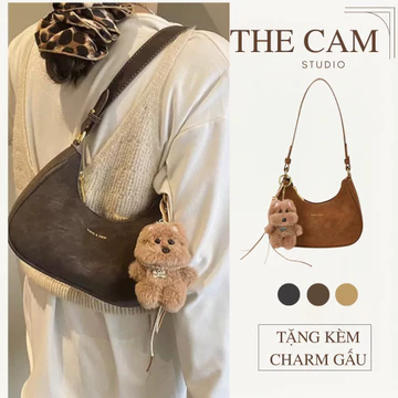 Túi kẹp nách nữ xinh - Túi xách nữ công sở kẹp nách da lộn mềm phối móc khóa gấu đi chơi