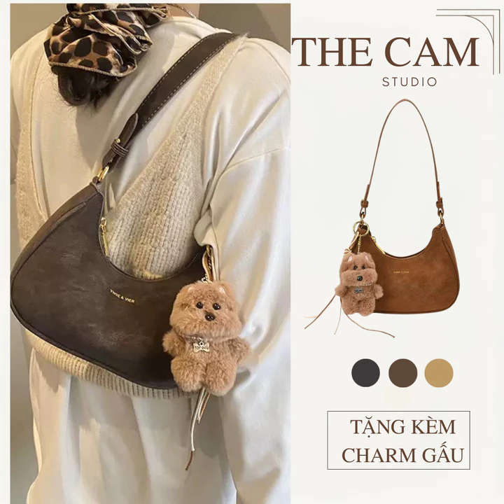 Túi kẹp nách nữ xinh - Túi xách nữ công sở kẹp nách da lộn mềm phối móc khóa gấu đi chơi