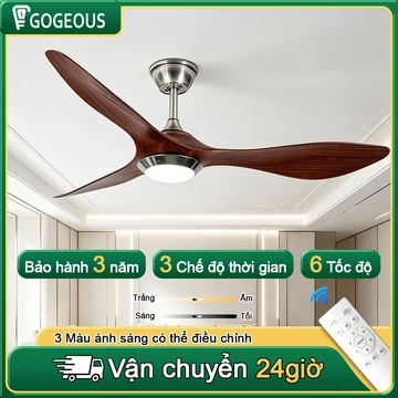Quạt Trần Đèn GOGEOUS 3 Cánh ABS Vân gỗ | Quạt Trần Trang Trí Phòng Khách Phòng Ngủ | Motor DC Êm Ái