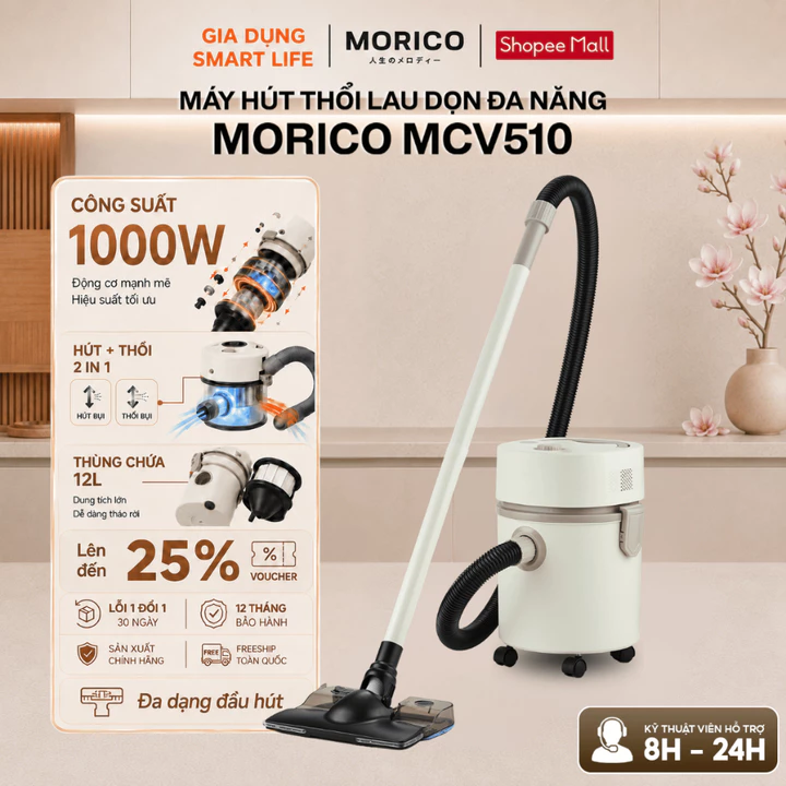 [13 ĐẦU LAU HÚT] Máy Hút Thổi Đa Năng Morico MCV510 Công Suất Mạnh, Máy Hút Bụi Mịn Hút Nước, Tóc, Lông Thú Vệ Sinh Sofa