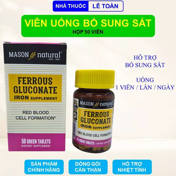 Viên uống bổ sung sắt Ferrous Gluconate Iron giúp giảm nguy cơ thiếu máu do thiếu sắt hộp 50 viên
