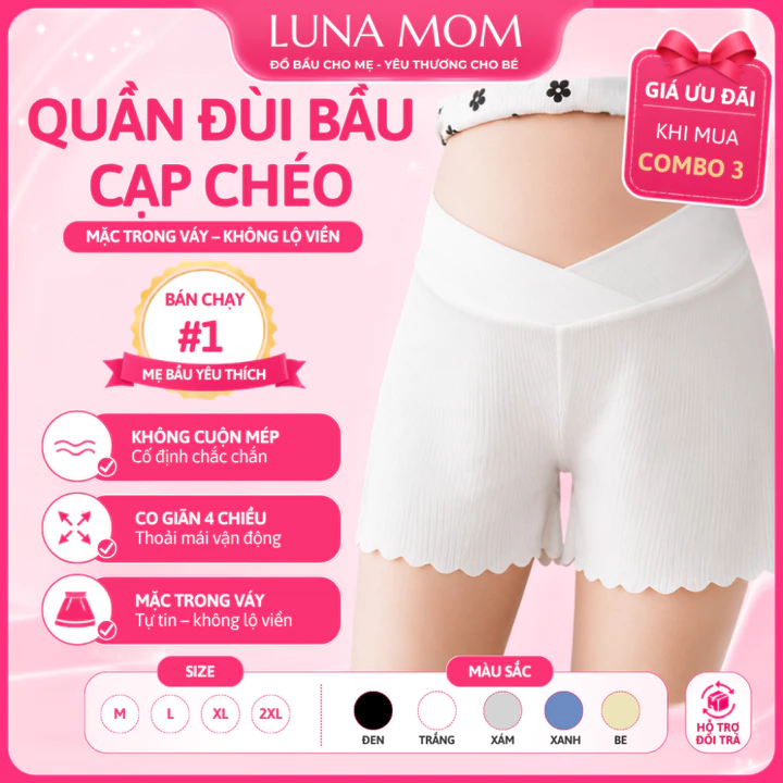Quần Đùi Bầu Luna Mom Mặc Trong Váy Kín Đáo Chất Vải Lụa Tăm Mềm Mại - Quần Short Bầu Mặc Nhà Mặc Ngủ Cho Mẹ Bầu, QD3