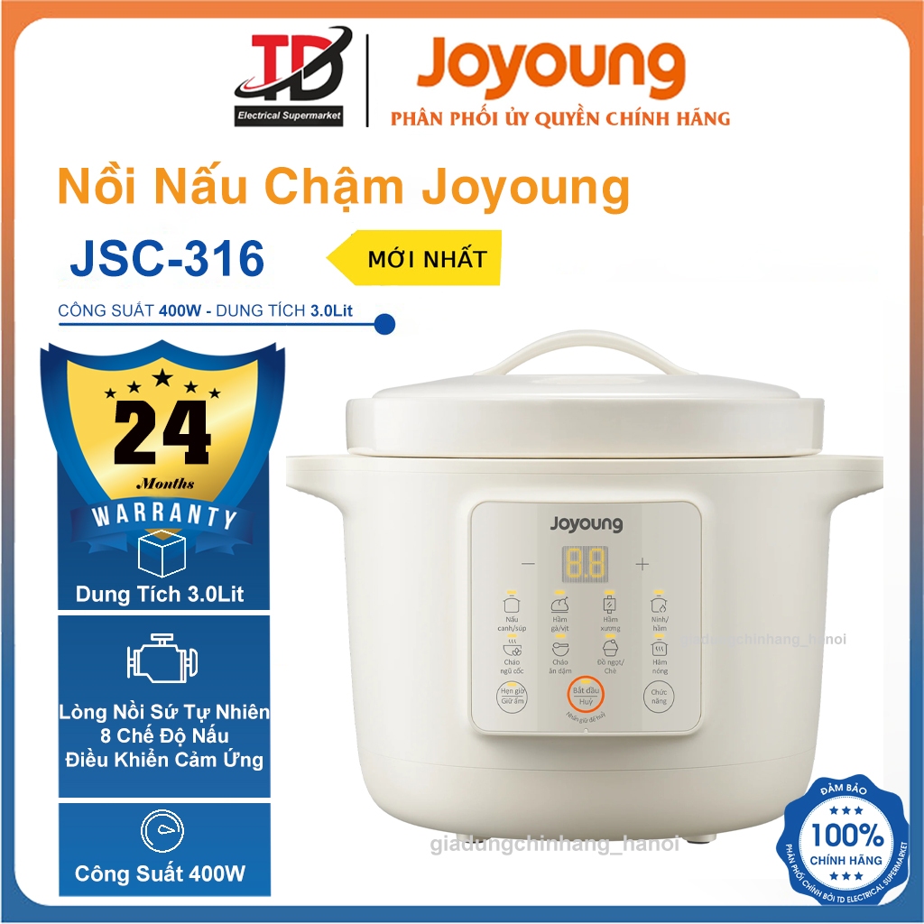 Nồi Nấu Chậm Joyoung JSC-316, Lòng Nồi Sứ 3.0Lit - Công suất 400W ,8 Chế Độ Nấu
