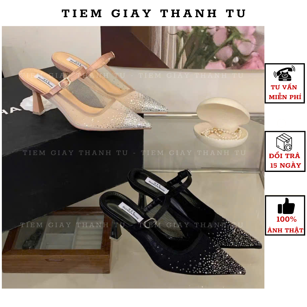 TB-83 [TIEMGIAYTHANHTU] Giày cao gót nữ đính đá mũi nhọn quai mảnh, dép sục cao gót tiểu thư sang chảnh