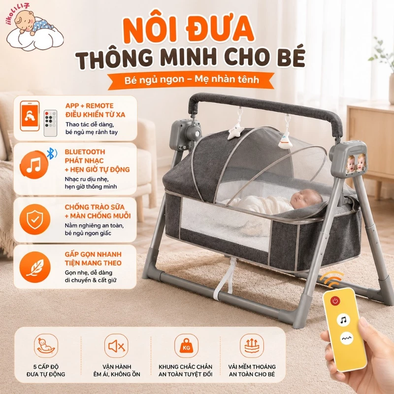 iiko Nôi Điện Đa Năng Tự Động - 5 Mức Đung Đưa, Có Loa Phát Nhạc Ru, Tiện Lợi Cho Giấc Ngủ Của Bé — ảnh 1