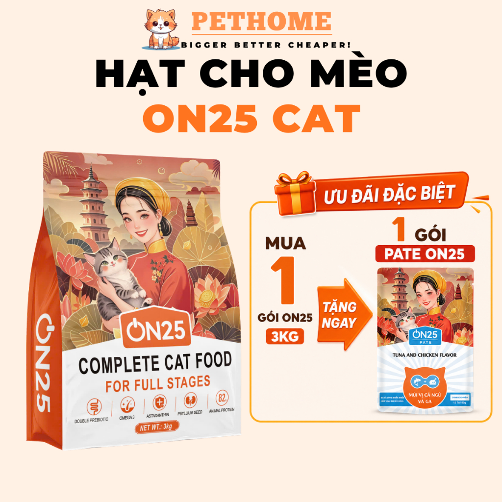 Hạt Cho Mèo ON25 CAT Giúp Sáng Mắt Lông Mượt, Phân Khô, Tiêu Hoá Trơn Tru, Tăng Cường Miễn Dịch
