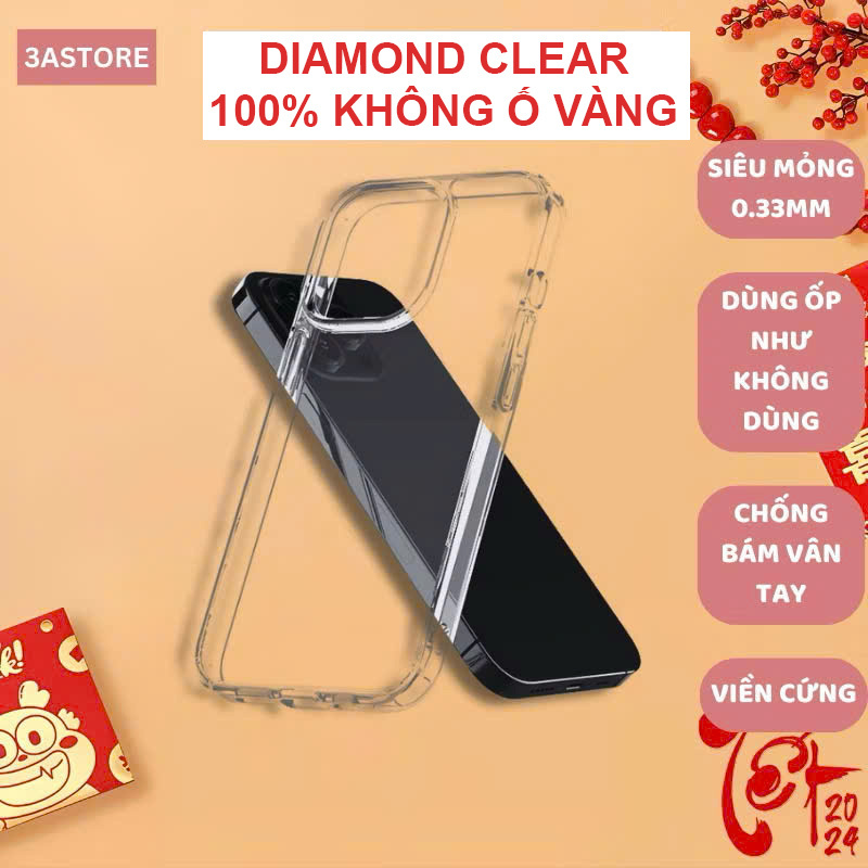 Ốp lưng iphone trong suốt không ố vàng  DIAMOND Clear Slim chống sốc  bảo vệ camera ip 13 14 15 16 pro max 3astore