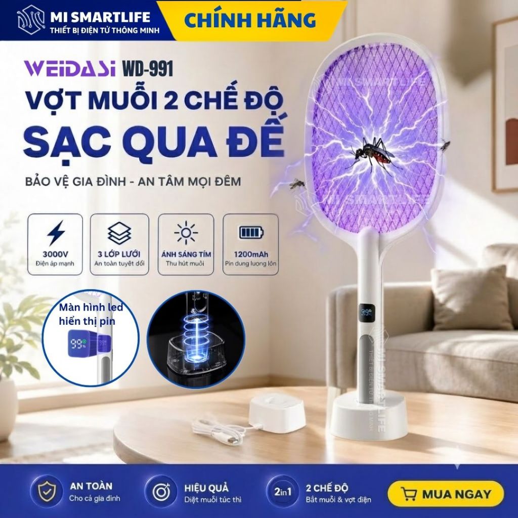 Vợt Muỗi Thông Minh 2 chế độ 991/ 959 kèm đèn tím (2 Chế độ: Thủ công/ Đèn bắt muỗi) có đế sạc tiện dụng WD991/959