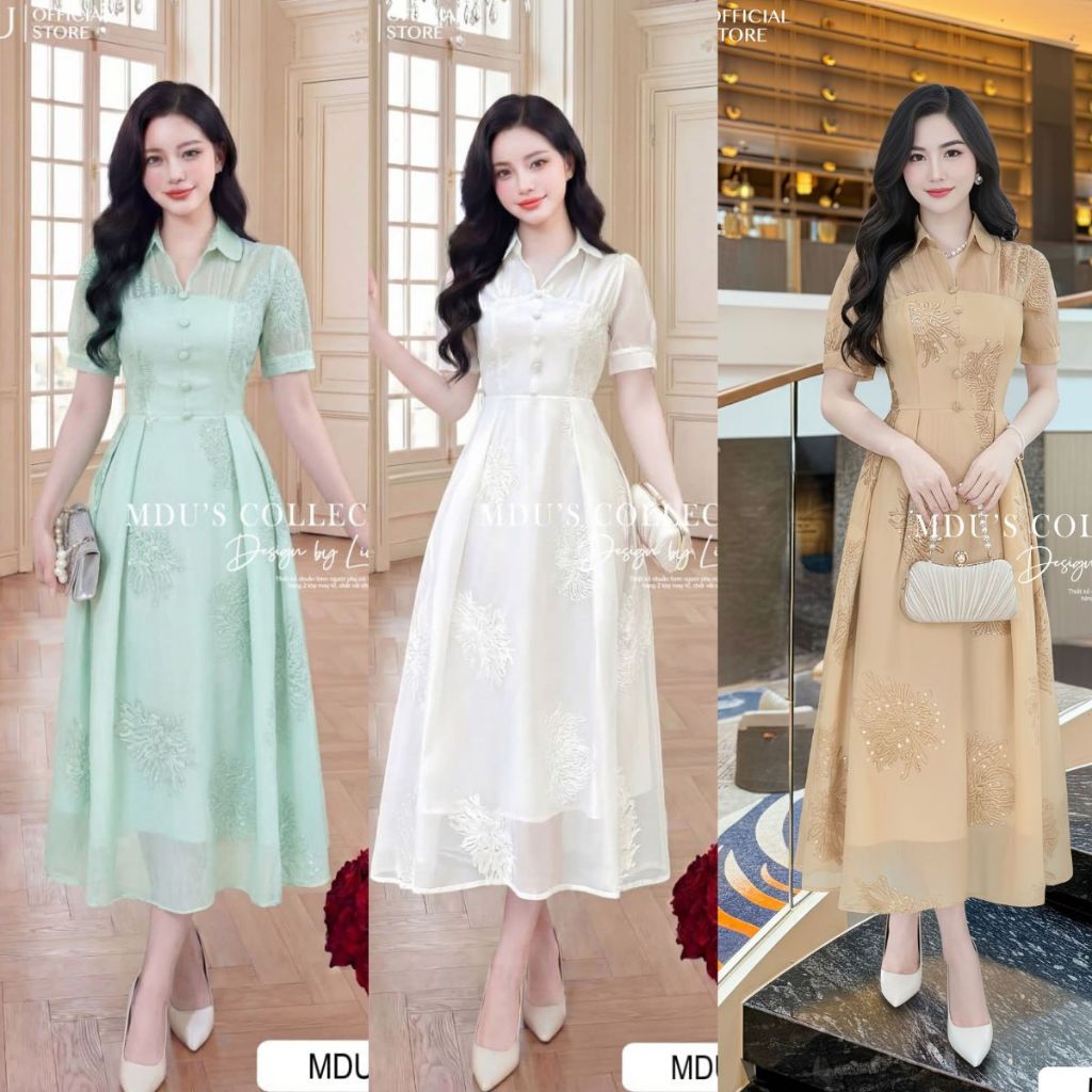 Váy Thiết Kế ADELA DESIGN Tơ Hoa Thêu Nổi Cổ Sơ Mi Tay Bồng BST MDU4288