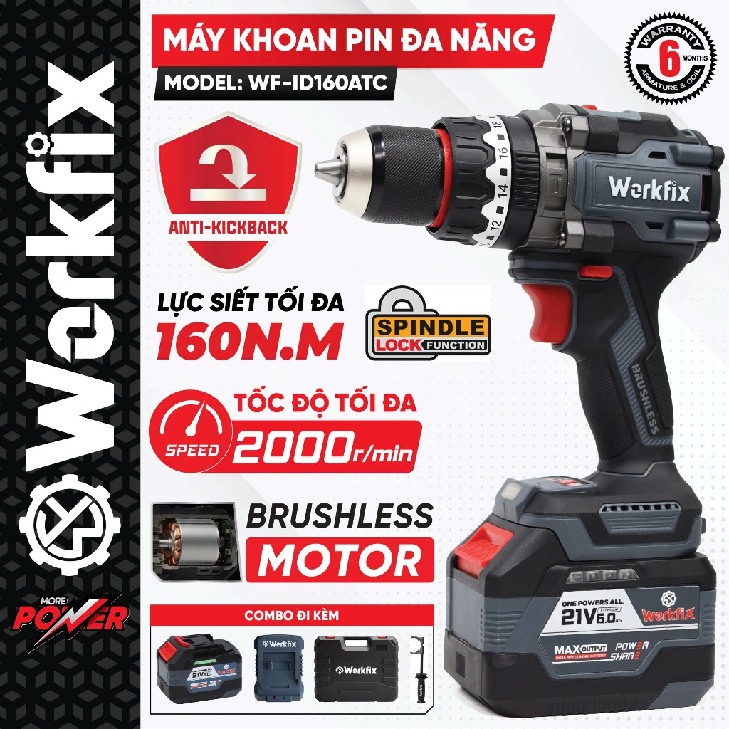Máy khoan pin WORKFIX 160Nm WF-ID160ATC  Anti-kickback, Không chổi than, 13mm Có khoá trục