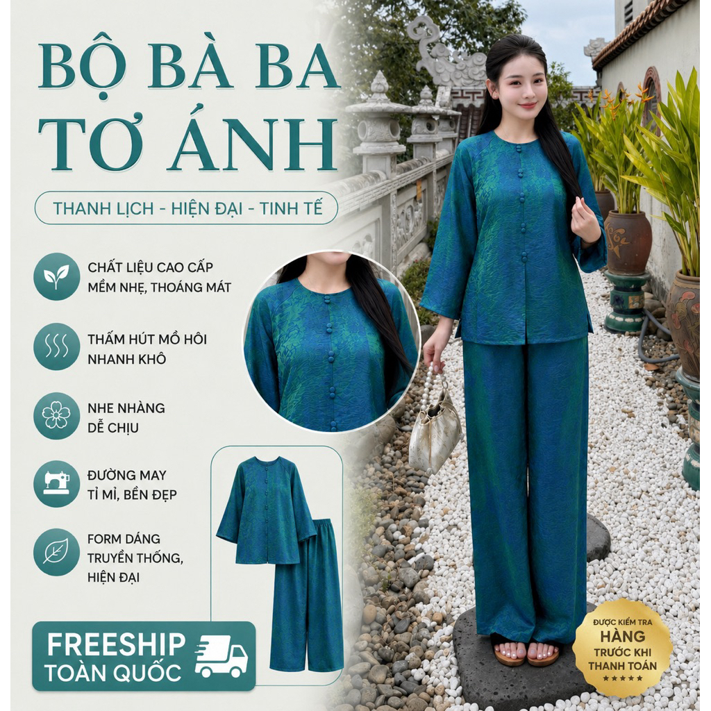 L1 Bộ bà ba, đồ đi chùa chất tơ ánh sang cao cấp, phom thoải mái,  có size, có túi quần