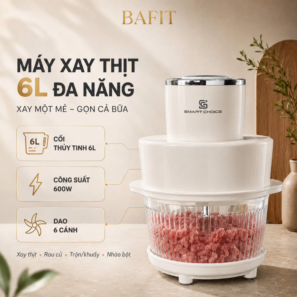 Máy Xay Thịt Đa Năng 6L SC SMART CHOICE Máy Trộn Bột Làm Bánh Công Suất Cao 600W Cối Thuỷ Tinh