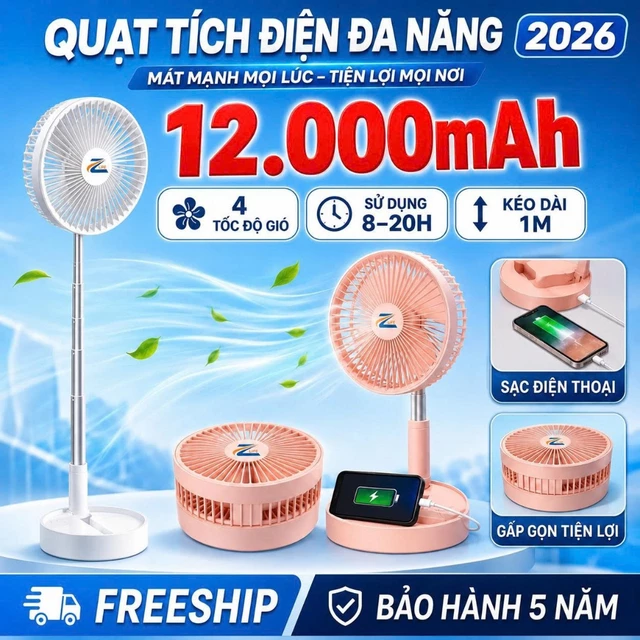 Quạt Tích Điện Pin Trâu Pin 12000mAh Sạc Điện - Quạt Để Bàn Văn Phòng Zlife Cao Cấp Gấp Gọn Kéo Dài 1m