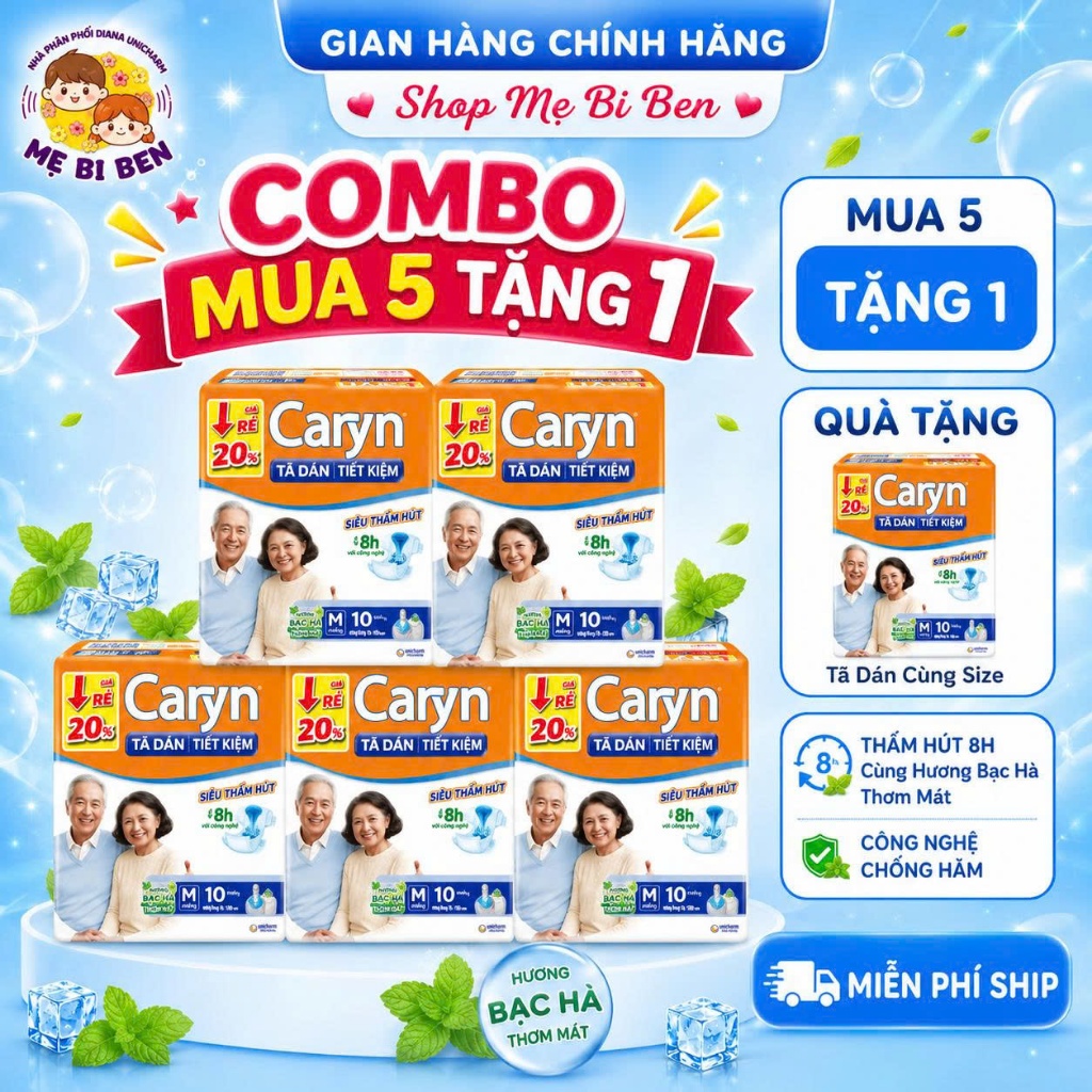 [MUA 5 TẶNG 1] Tã dán người lớn siêu thấm Caryn Ngày và Đêm M10/ L10/ XL10, bỉm dán người già
