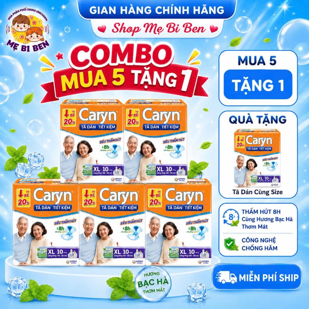 [MUA 5 TẶNG 1= 60 MIẾNG] Tã Dán người lớn siêu thấm Caryn Ngày và Đêm tiết kiệm M10/ L10/ XL10, Bỉm dán người già