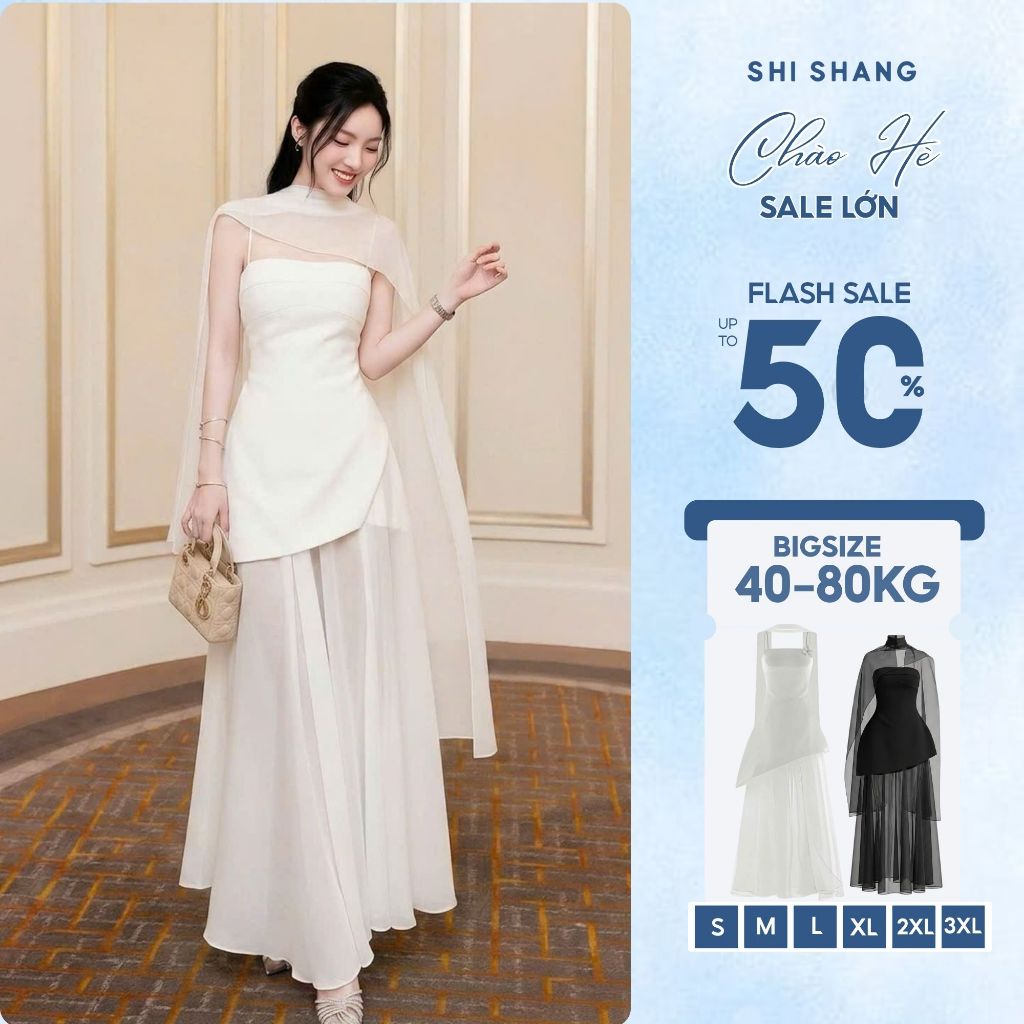 Đầm hai dây kèm choàng voan dáng dài, đầm đi tiệc Bigsize sang chảnh Shi shang | BigBuy360 - bigbuy360.vn
