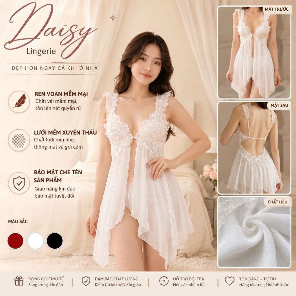 [Hỏa Tốc, Bảo Mật] Váy Ngủ Ren Nữ Voan Babydoll Xuyên Thấu Xẻ Tà Quyến Rũ Kèm Quần Chip - Mã VN150
