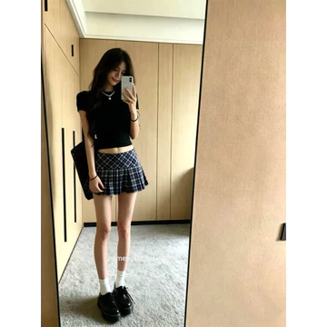 Chân váy ngắn kẻ caro, cạp thấp, quần short an toàn kiểu Mỹ kẻ caro xanh trắng, chân váy xếp ly, mùa hè - Ảnh thật