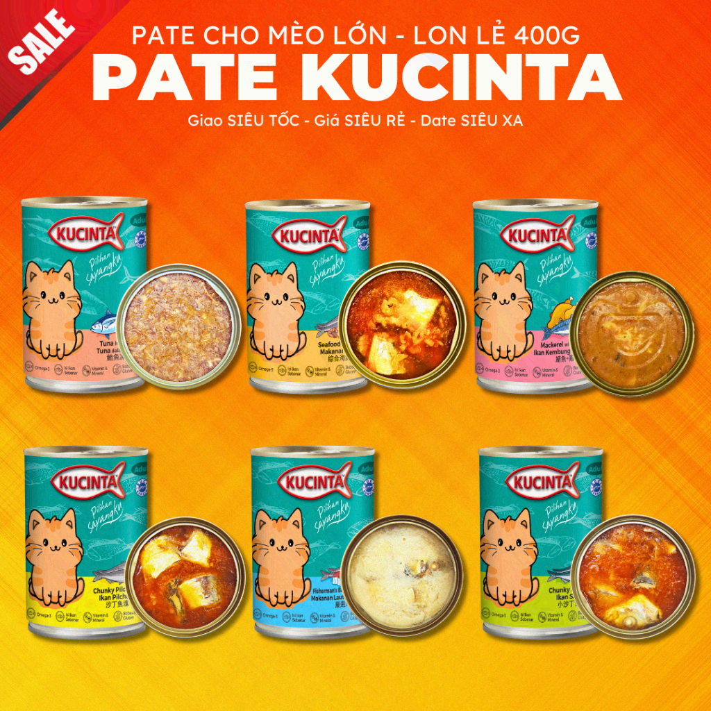 PATE KUCINTA 400G cho mèo trưởng thành (Lon Lẻ) - Giá rẻ, Date xa, Hàng mới