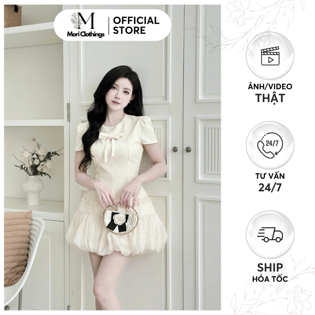 Váy Nữ Cổ Tròn Đính Nơ Eo Chiết Dáng Bí Tiểu Thư Hàn Quốc N356 | MORI CLOTHINGS