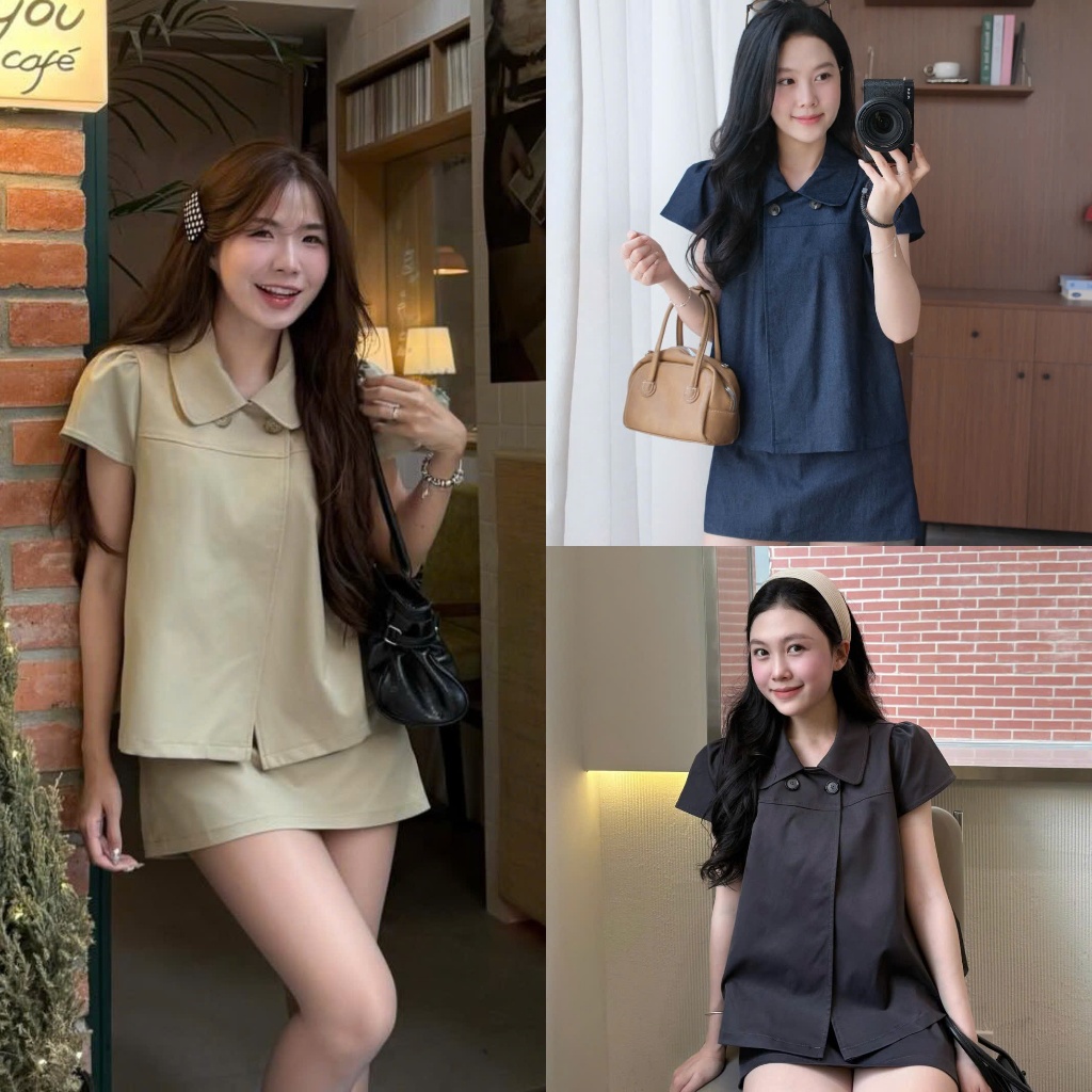 Set 2 món kaki áo cổ sen 2 cúc kèm chân váy đồng màu Nữ the.sweaterweather TSW