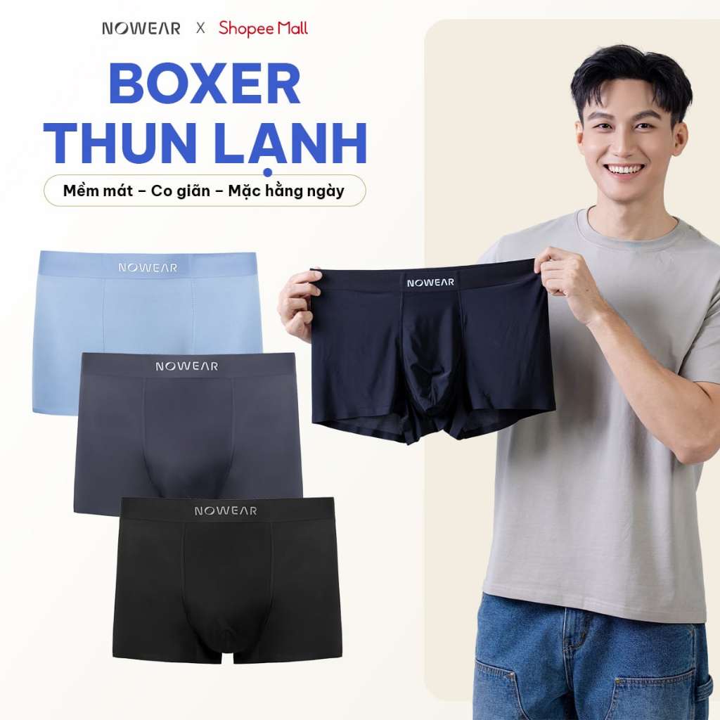 Combo 3 Quần Boxer Nam NOWEAR Thun Lạnh Co Giãn 4 Chiều, Lớp Lót Tổ Ong Thoáng Khí, Form Ôm Gọn