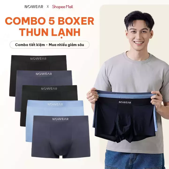 Combo 5 Quần Boxer Nam NOWEAR Thun Lạnh Co Giãn 4 Chiều, Lớp Lót Tổ Ong Thoáng Khí, Form Ôm Gọn