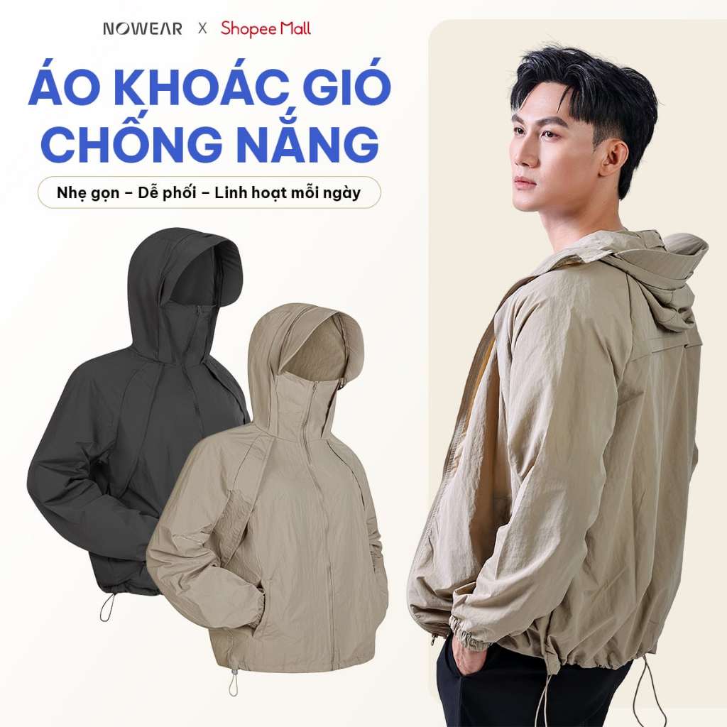 Áo Khoác Gió 1 Lớp Chống Nắng Nam NOWEAR UPF 50+ Mỏng Nhẹ Kháng Nước Thoáng Khí Có Mũ Túi Khóa