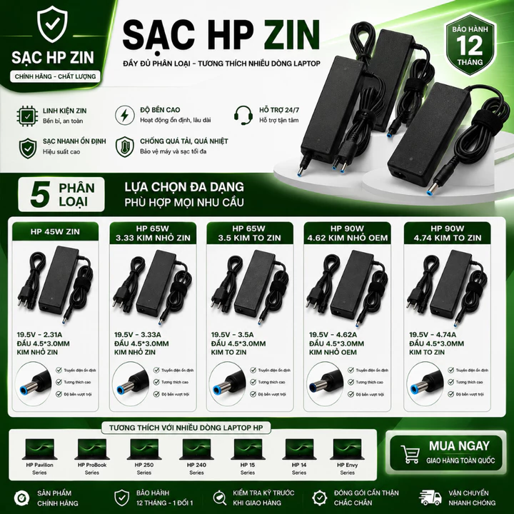 Sạc Laptop HP 45W Zin Chính Hãng 19.5V 2.31A Đầu Kim Nhỏ 4.5x3.0mm Adapter Sạc HP Pavilion ProBook EliteBook HP 14 15