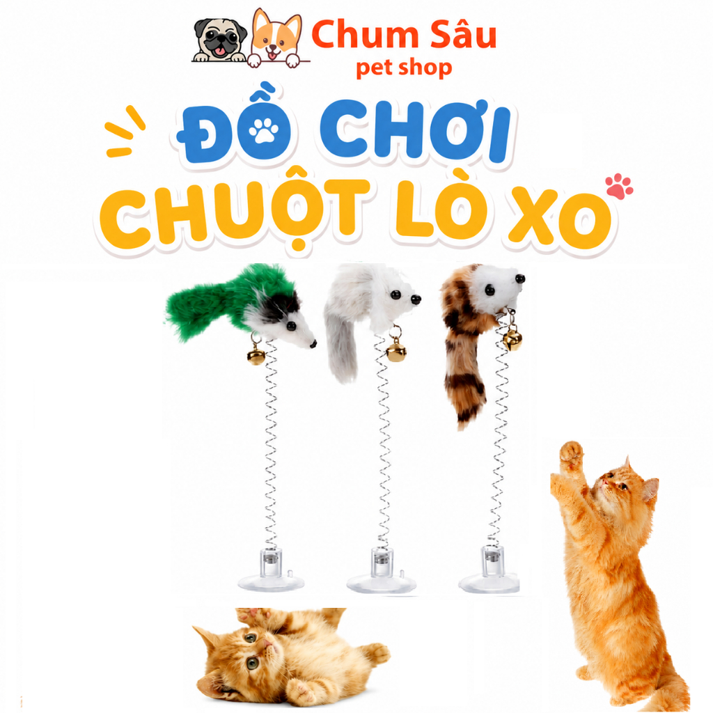 Chuột lò xo đế hít, đồ chơi cần câu tự tương tác cho mèo, đồ chơi cho thú cưng