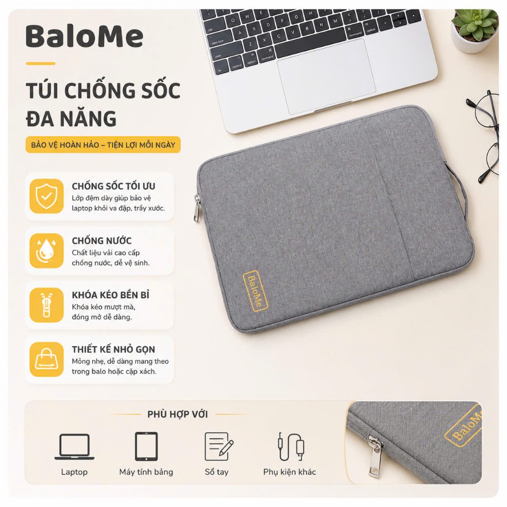 Túi Chống Sốc Laptop 2 Ngăn Có Quai Vừa Laptop 15.6 inch, 14 inch, 13 inch thương hiệu BaloMe