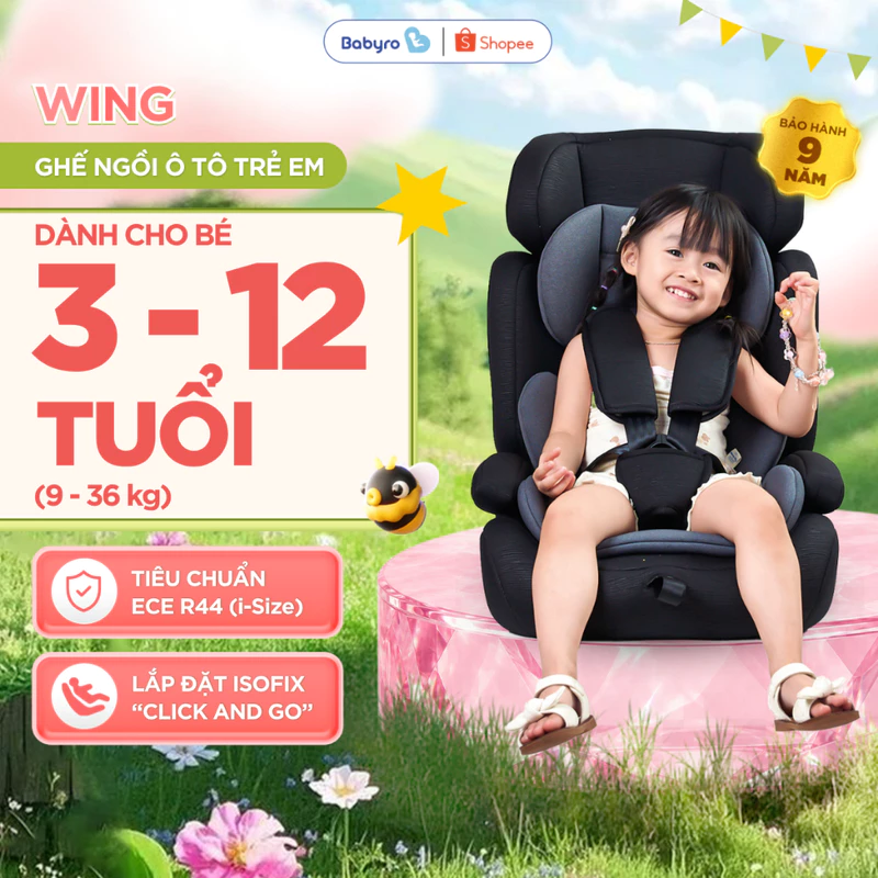 Ghế Ngồi Ô Tô Cho Trẻ Em 3-12 Tuổi BABYRO WING - Tiêu Chuẩn ECE-R44 Isofix - Đai An Toàn 5 Điểm - Lắp Đặt 2in1 Tiện Lợi — ảnh 1