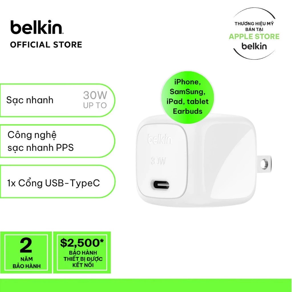 Củ sạc nhanh Belkin 30W USB-C chuẩn PD PPS nhỏ gọn 1 cổng cho iPhone 15 iPad Air chính hãng BH 2 năm