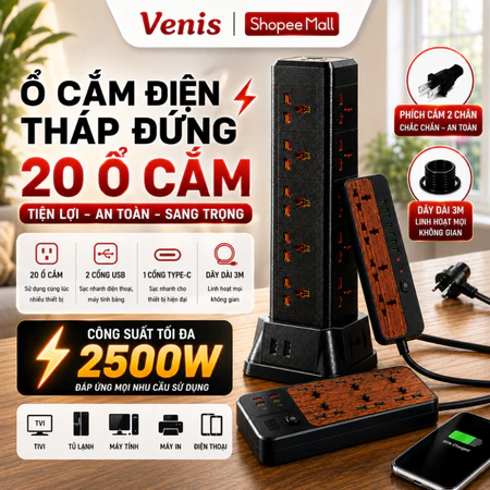Ổ Cắm Điện Màu Đen Dáng Trụ 4 Mặt 20 Ổ, 2500W Dây 3M, Sạc Nhanh USB Type-C, Công Tắc Riêng Tiện Lợi