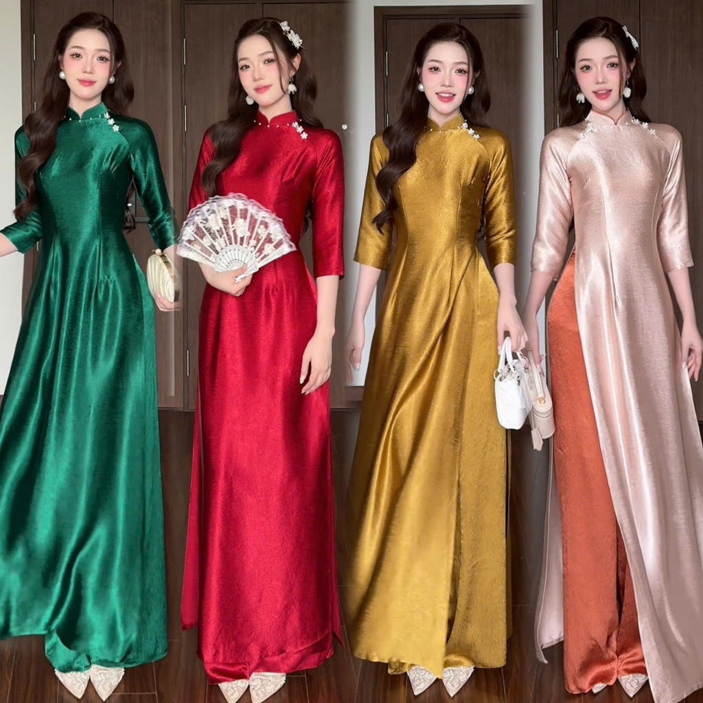 Áo dài truyền thống phối cổ ngọc dáng ôm vải lụa vân gỗ, thích hợp mặc lễ Tết, hội nghị, cưới hỏi hottrend 2026 MÃ TK203