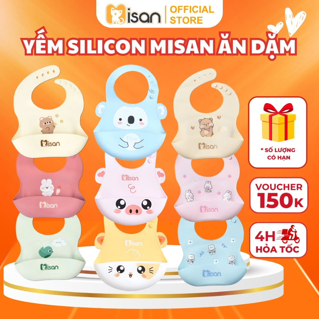 Yếm Ăn Dặm Misan Silicon Yếm Ăn Dặm Cho Bé Có Máng Siêu Nhẹ Chống Thấm Nước Dễ Vệ Sinh An Toàn Cho Bé