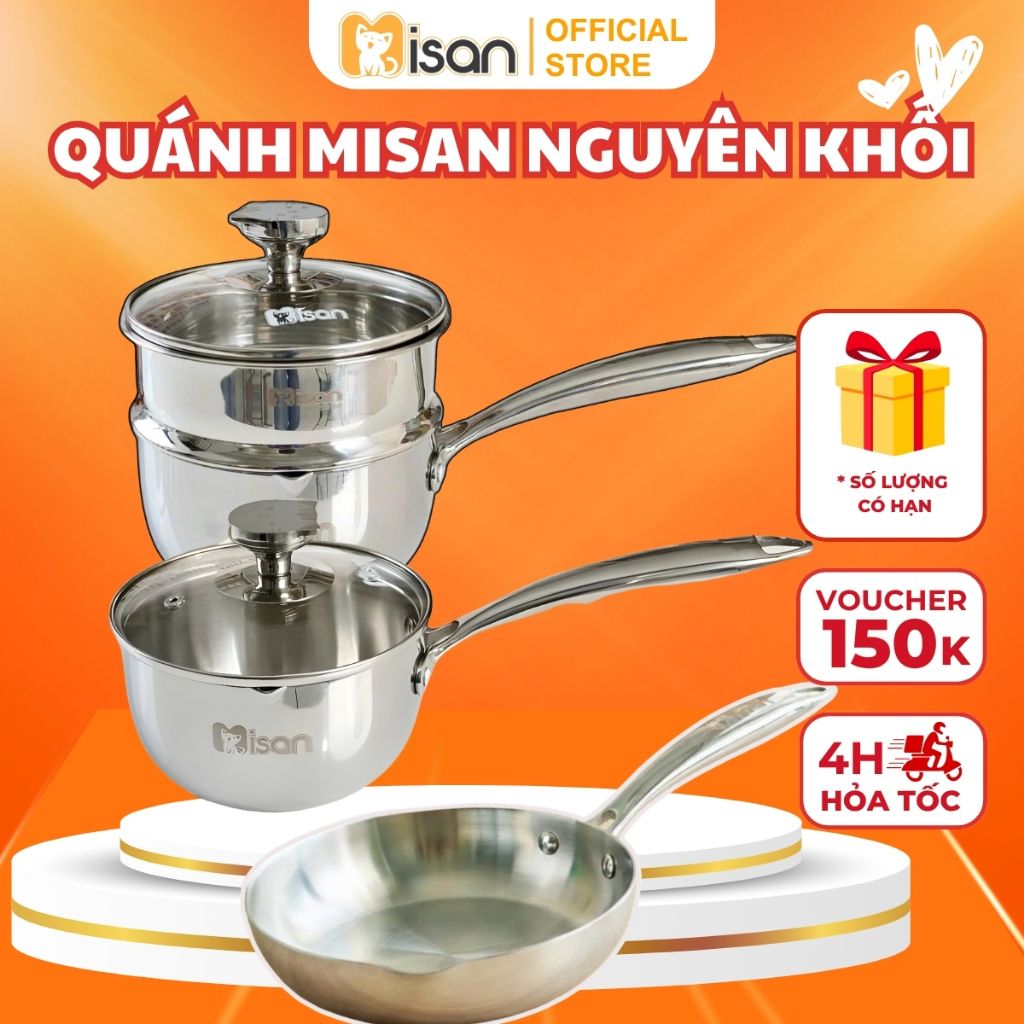 Bộ Nồi Quánh Chảo Nguyên Khối Misan Kèm Hấp Inox 304 Nấu Bột Nấu Cháo Cho Bé Ăn Dặm Tiện Lợi