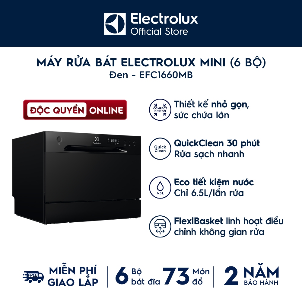 [Mới - Độc quyền Online] Free giao lắp - Máy rửa chén bát Electrolux để bàn 6 bộ 55cm Series 100 - Đen EFC1660MB