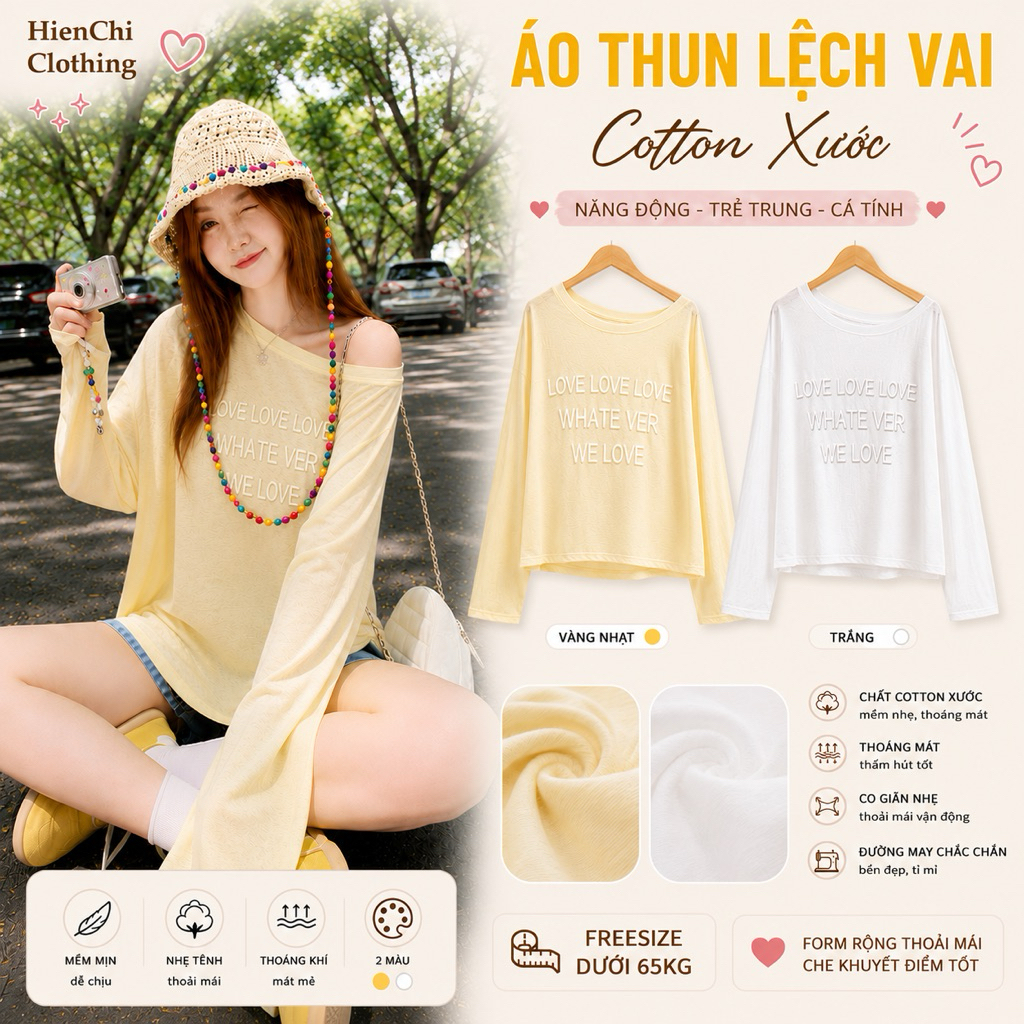 Áo Thun Lệch Vai Nữ Tay Dài Cotton Xước Tàu Hàng Loại 1 In Nổi LOVELOVE, Áo lệch vai dài tay nữ dáng rộng thời trang.