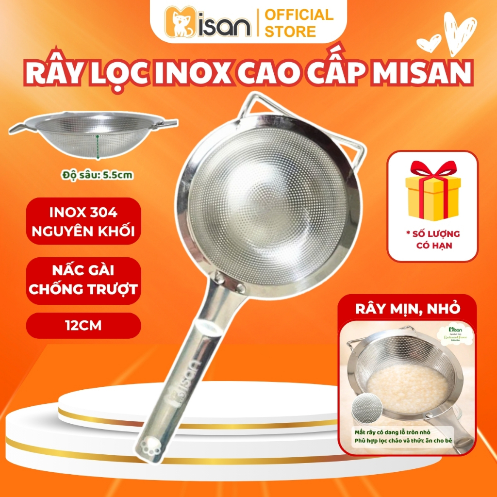 Rây Lọc Cháo Inox Nguyên Khối Misan 12cm, Rây Lọc Thức Ăn Dày Dặn, An Toàn, Tiện Lợi Nhà Bếp