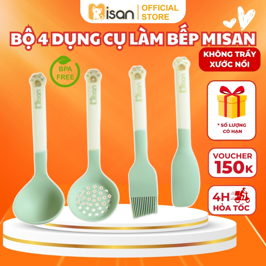 Bộ 4 Món Dụng Cụ Làm Bếp Silicon Cao Cấp Misan Không Xước Nồi Chảo Tiện Lợi