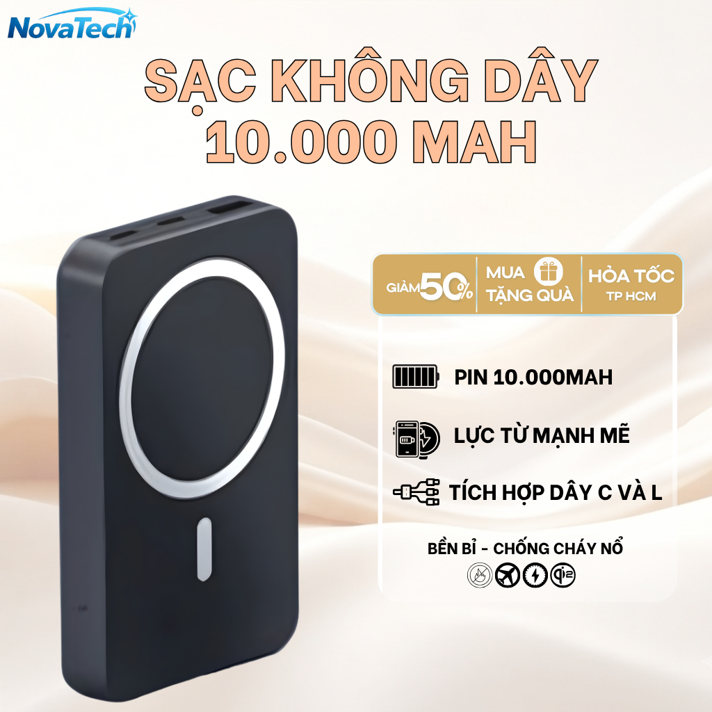 Sạc dự phòng không dây 10.000mAh, sạc nhanh từ tính – Có kèm 2 dây sạc – Hít nam châm mạnh mẽ