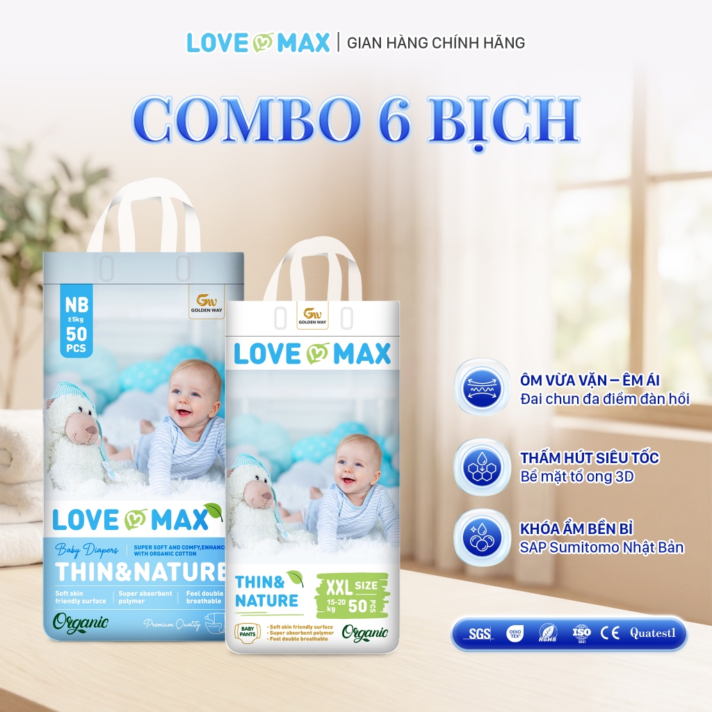 (1 kiện) Combo 6 bịch Love Max organic tã dán, bỉm quần siêu tiết kiệm an toàn cho bé full size Newborn - 5XL
