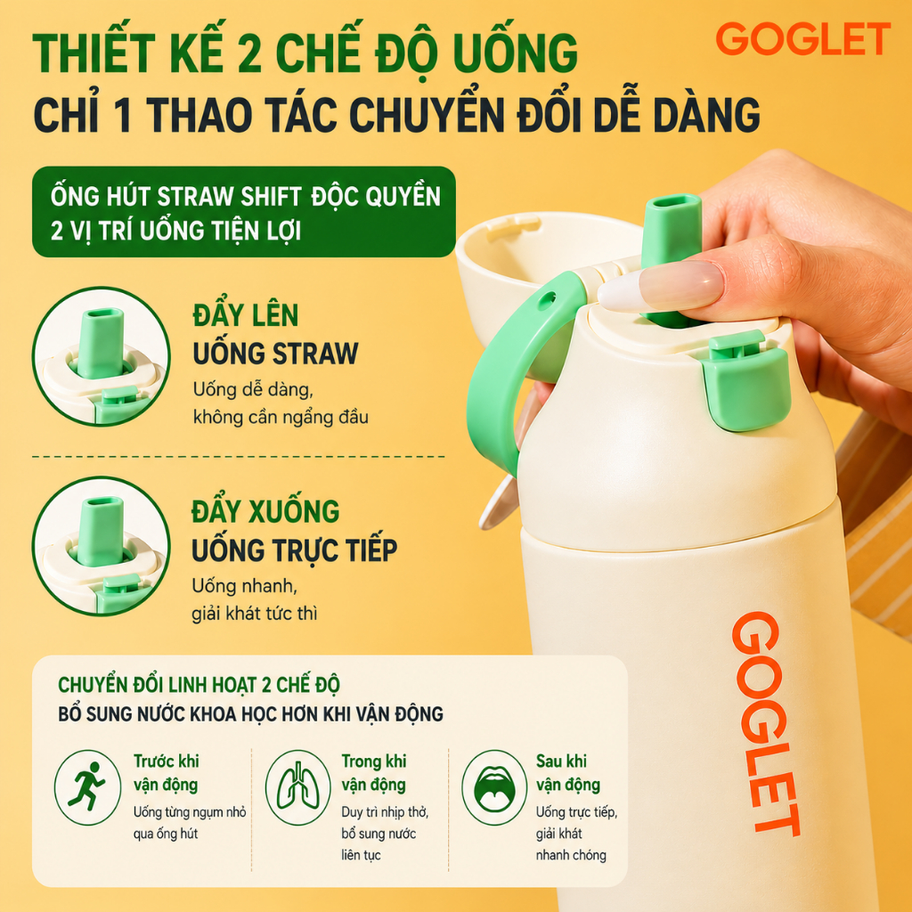 Bình Giữ Nhiệt GOGLET 750ml Inox 304 Cao Cấp - Bình Nước Thể Thao Có Ống Hút 2 Chế Độ Uống, Giữ Nóng Lạnh, Chống Rò Rỉ | BigBuy360 - bigbuy360.vn