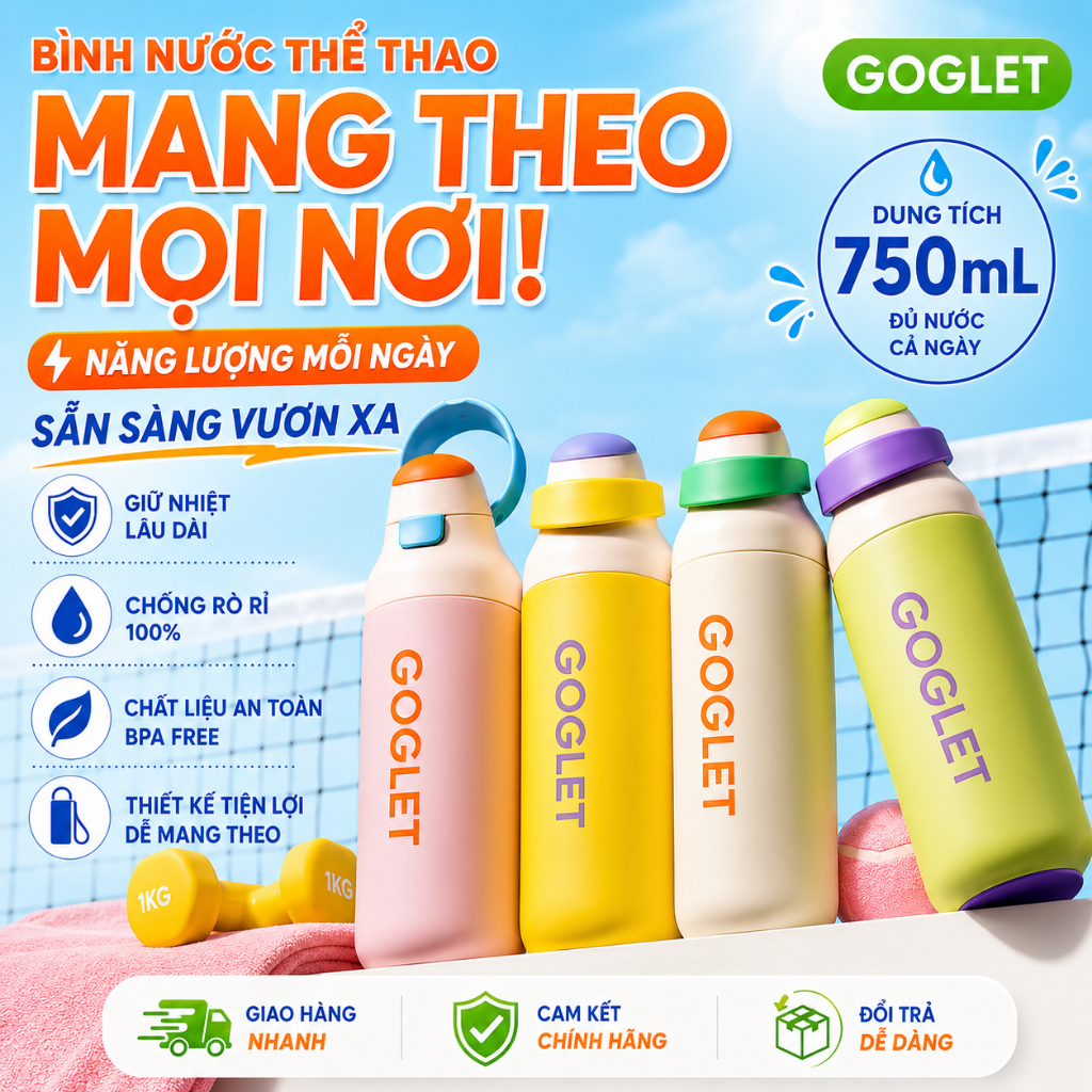 Bình Giữ Nhiệt GOGLET 750ml Inox 304 Cao Cấp - Bình Nước Thể Thao Có Ống Hút 2 Chế Độ Uống, Giữ Nóng Lạnh, Chống Rò Rỉ | BigBuy360 - bigbuy360.vn