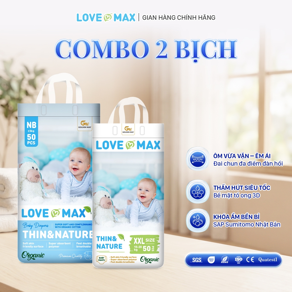(Combo 2 bịch) Tã bỉm Love Max chính hãng, siêu tiết kiệm, mỏng nhẹ, khô thoáng đủ size cho bé